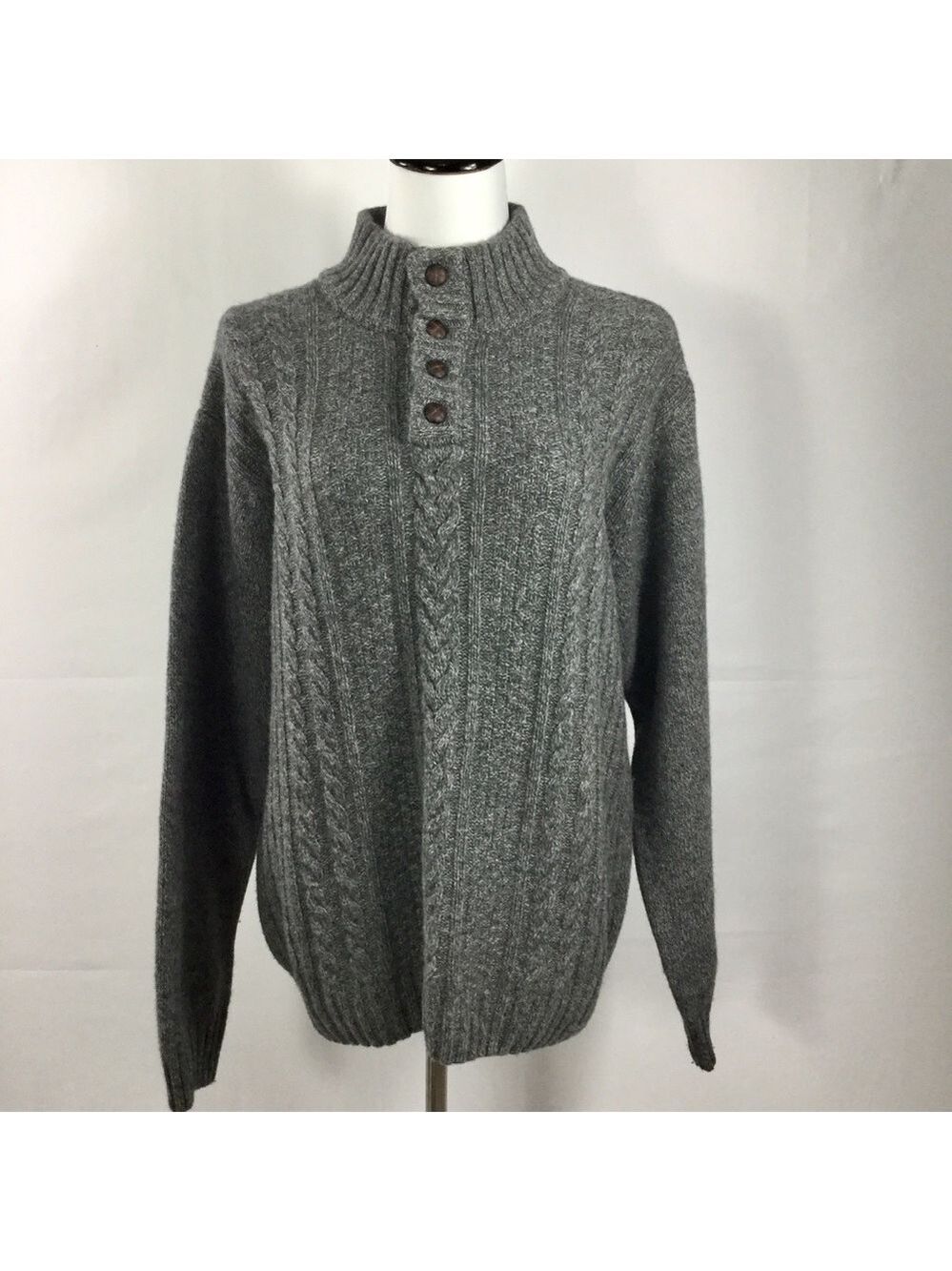 Daniele Blasi Cable Knit Sweater Gray 1/4 Button Mock Neck Pullover Wool Blend L